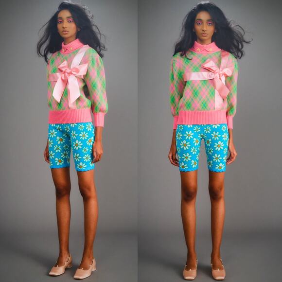 Motoguo Designer 100% Merino Wool Bow Argyle Turtleneck Sweater Pink Green Small - Picture 3 of 14